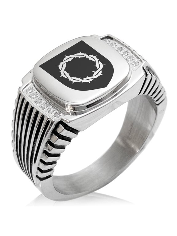 Stainless Steel Crown of Thorns Adversity Coat of Arms Shield CZ Ribbed Needle Stripe Pattern Biker Style Polished Ring