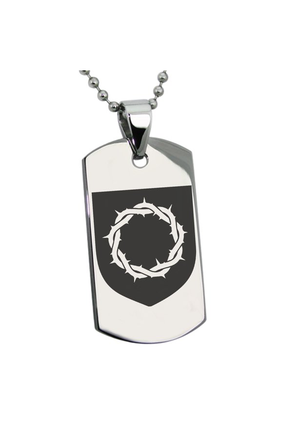 Stainless Steel Crown of Thorns Adversity Coat of Arms Shield Engraved Dog Tag Pendant Necklace