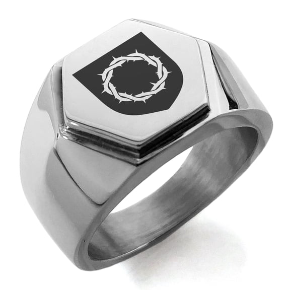 Stainless Steel Crown of Thorns Adversity Coat of Arms Shield Engraved Hexagon Crest Flat Top Biker Style Polished Ring