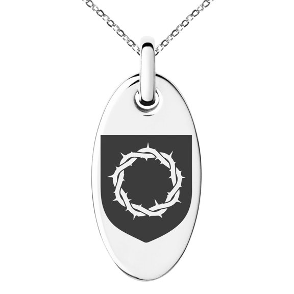 Stainless Steel Crown of Thorns Adversity Coat of Arms Shield Engraved Small Oval Charm Pendant Necklace
