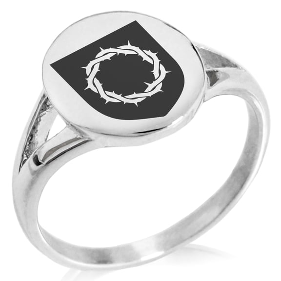 Stainless Steel Crown of Thorns Adversity Coat of Arms Shield Minimalist Oval Top Polished Statement Signet Ring