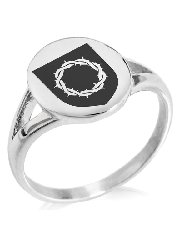 Stainless Steel Crown of Thorns Adversity Coat of Arms Shield Minimalist Oval Top Polished Statement Signet Ring