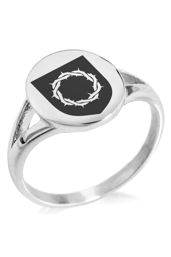 Stainless Steel Crown of Thorns Adversity Coat of Arms Shield Minimalist Oval Top Polished Statement Signet Ring