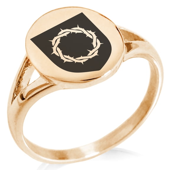 Stainless Steel Crown of Thorns Adversity Coat of Arms Shield Minimalist Oval Top Polished Statement Signet Ring