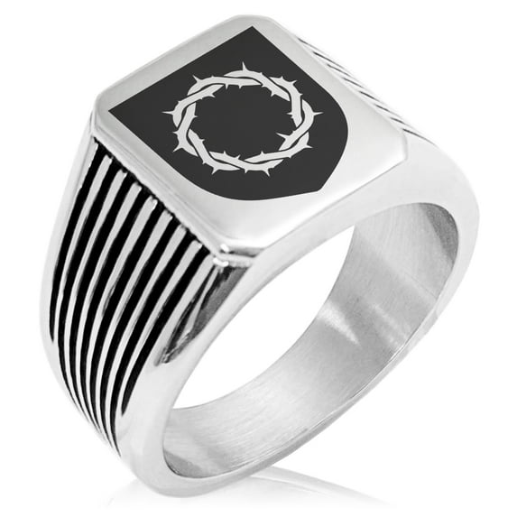 Stainless Steel Crown of Thorns Adversity Coat of Arms Shield Needle Stripe Pattern Biker Style Polished Ring