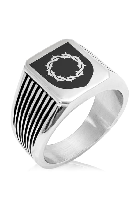 Stainless Steel Crown of Thorns Adversity Coat of Arms Shield Needle Stripe Pattern Biker Style Polished Ring