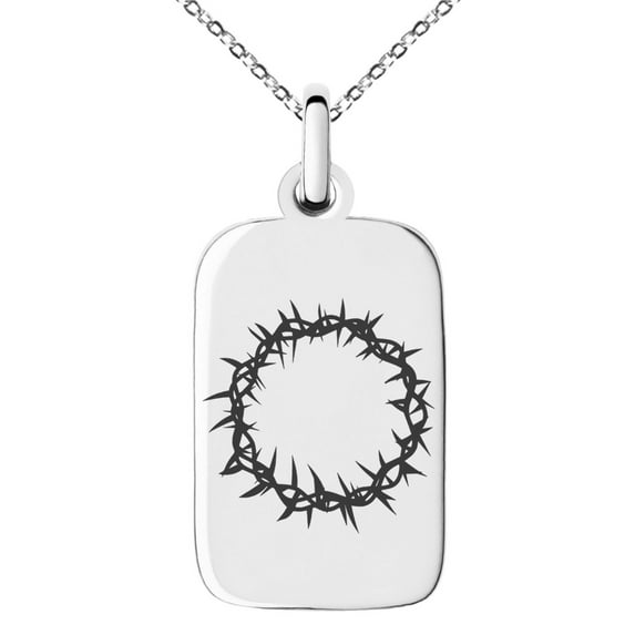 Stainless Steel Crown of Thorns Engraved Small Rectangle Dog Tag Charm Pendant Necklace