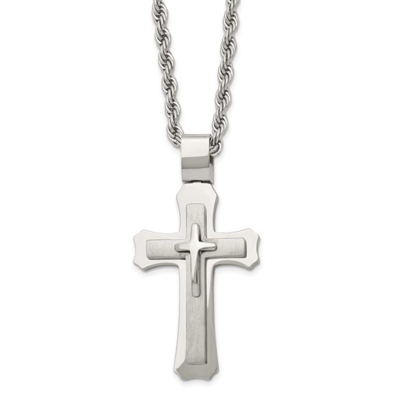 Stainless Steel Crucifix Cross Necklace, 24 in Rope Chain, Men's Religious Jewelry