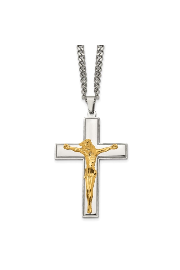 Stainless Steel Crucifix Cross Pendant for Men and Women with Satin Finish Beveled Edges 3D Jesus Figure Curb Chain Spiritual Necklace Symbol of Faith and Devotion