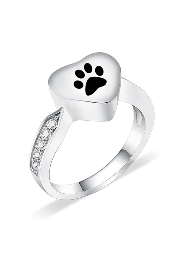 Stainless Steel Crystal Setting Paw Print Heart Urn Ring Cremation Jewelry for Ashes Keepsake Memorial Jewelry