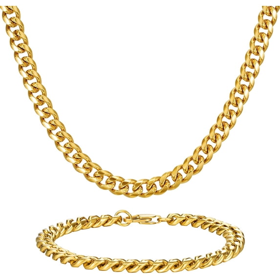 Stainless Steel Cuban Link Chain and Bracelet Set for Men, Chains 3.5mm/5mm/7mm Width, Bracelet 7 1/2" and 8" Length, No Tarnish & Durable Mens Jewelry
