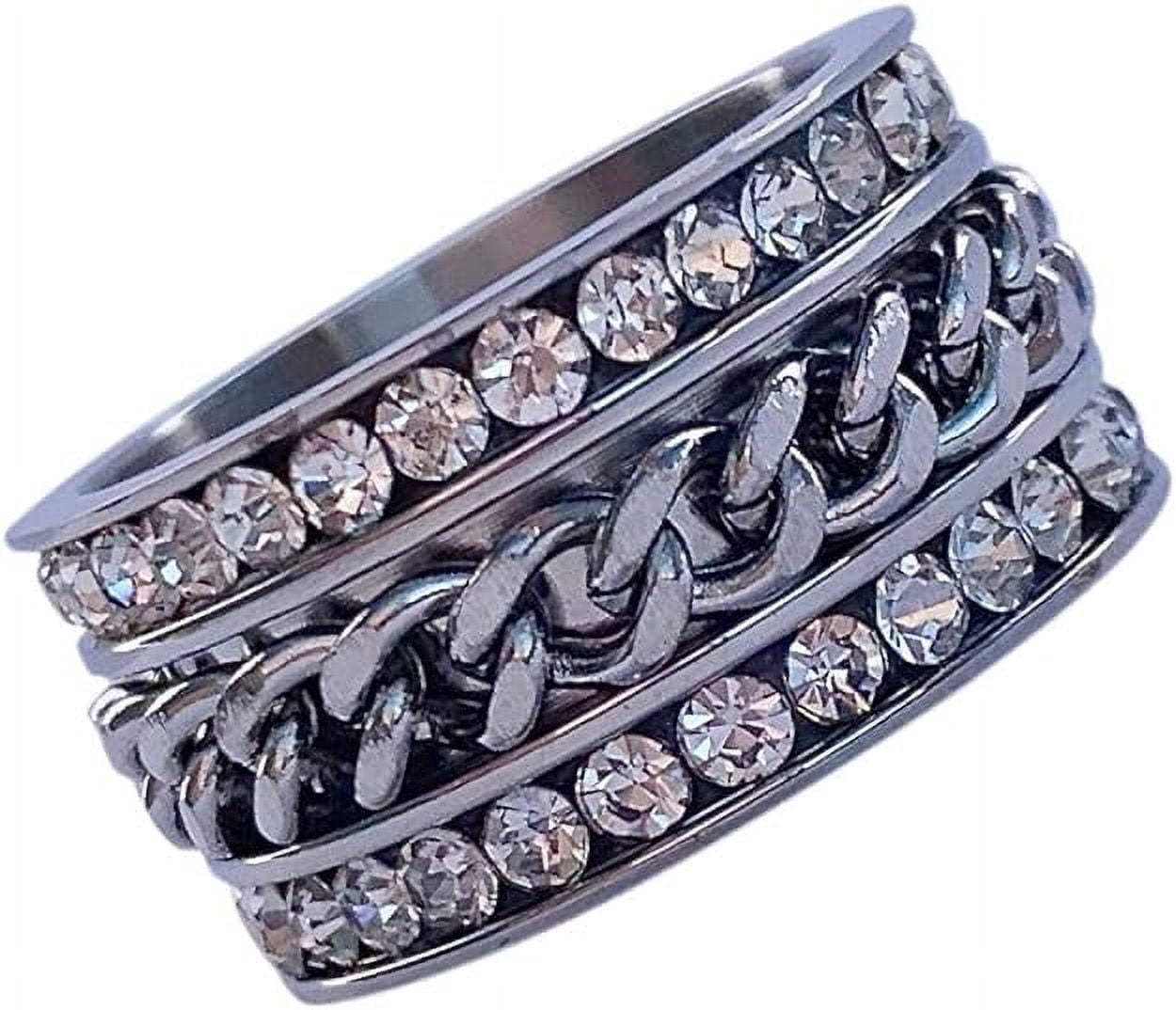 Stainless Steel~Cubic Zirconia CZ Band~CZ Chain Spinner~Clear Crystals~Fidget Ring~Women's Jewelry