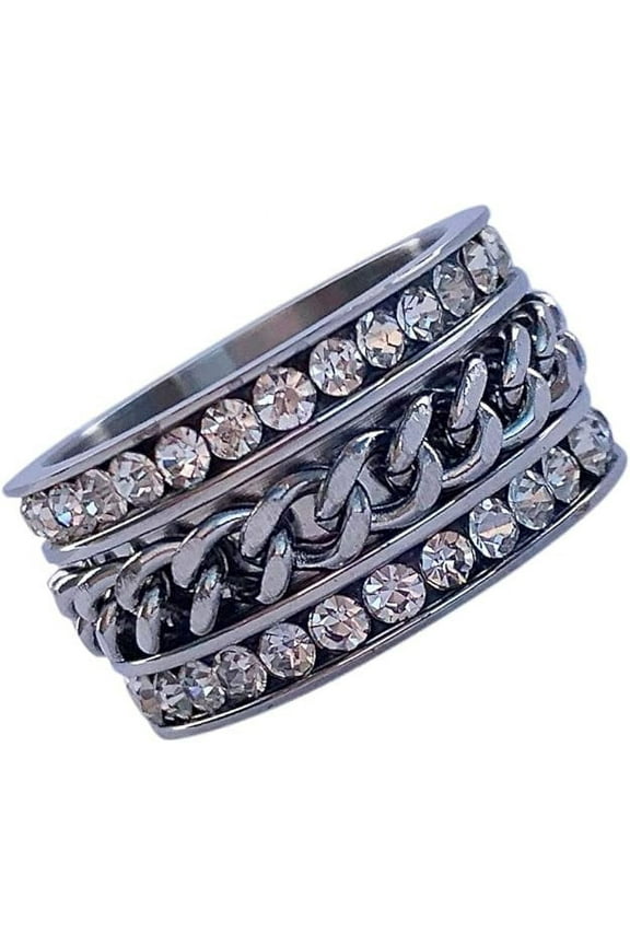 Stainless Steel~Cubic Zirconia CZ Band~CZ Chain Spinner~Clear Crystals~Fidget Ring~Women's Jewelry
