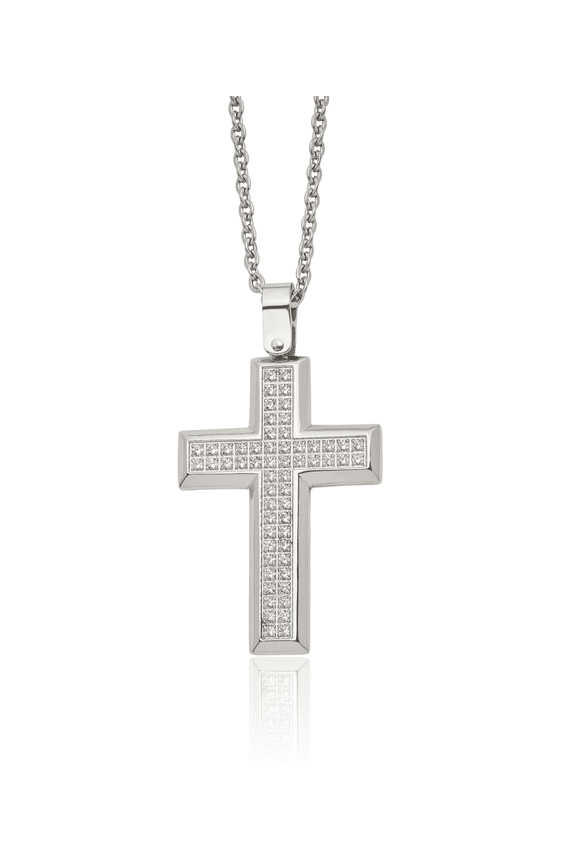 Stainless Steel Cubic Zirconia CZ Holy Cross Pendant Necklace Charm Cable Rolo Link Chain