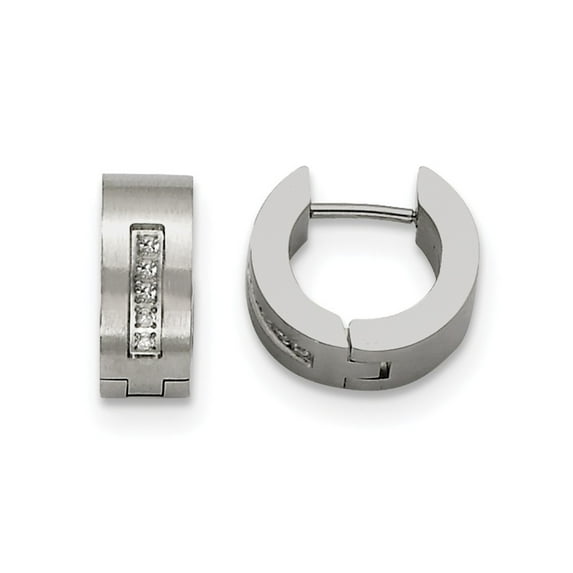 Stainless Steel Cubic Zirconia Satin Round Hinged Hoop Earrings - Measures 9mm long 5mm Thick