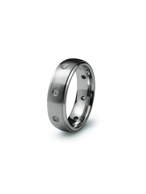 Stainless Steel Cubic Zirconia Round Step-Down Silver Edge Wedding Band Ring, Designed for Men, 7mm Width.