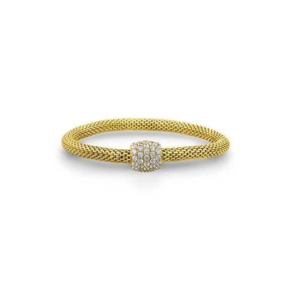 Stainless Steel Cubic Zirconia with Sterling Silver Barrel Station Mesh Bracelet - Yellow Gold,Average