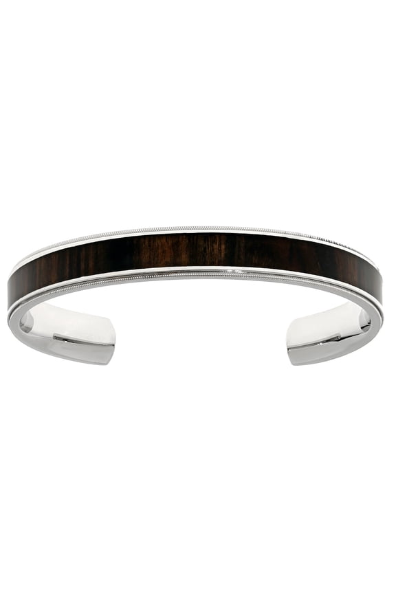 Stainless Steel Cuff Bangle Bracelet with Wood Accent