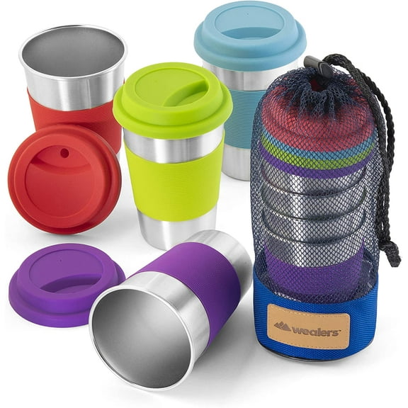 Stainless Steel Cup Tumbler Set Cold Drink Cups Good for Drinking Beer Water & Soft Drinks Comes with Blue Mesh Carry Bag for Camping Backpacking Picnic Outdoors (12oz)