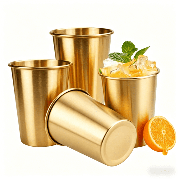 Stainless Steel Cups 4 Pack, 6 Ounce Unbreakable Stackable Metal Cups, Cup Sets for Kitchen,Durable Reusable Kids Stainless Steel Cup for Bar, Home, Restaurant (Gold)