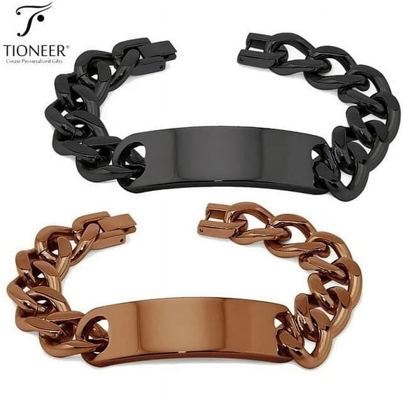 Tioneer Stainless Steel Curb Chain Classic ID Link Bracelet in Bronze or Black CZ Adult Engraving