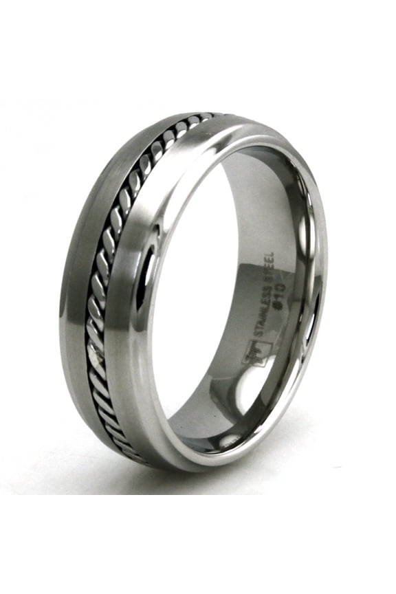 Stainless Steel Curb Chain Inlay Center Strip Wedding Band Ring