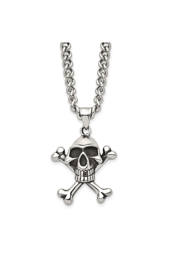 Stainless Steel Curb Necklace with Pendants Chain Chisel Antiqued and Polished Skull Crossbones Pendant on a 24 inch 30 mm