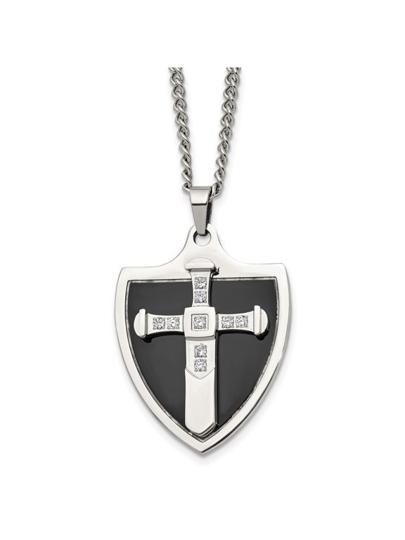 Stainless Steel Curb Necklace with Pendants Chain Chisel Polished Black IP-plated CZ Cross Shield Pendant on a 24 inch 28.88 mm