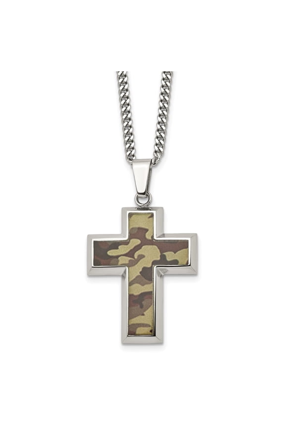 Stainless Steel Curb Necklace with Pendants Chain Chisel Polished Printed Brown Camo Under Rubber Cross Pendant on a 22 inch 22.94 mm