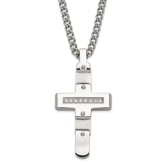 Stainless Steel Curb Necklace with Pendants Chain Polished & Brushed CZ Moveable Cross 22 inch