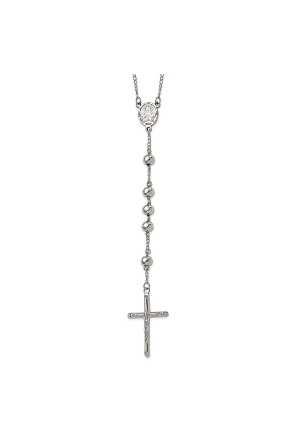 Stainless Steel Curb Rosaries Necklace Chain Chisel Polished 8mm Beaded 32.5 inch Rosary 28 mm