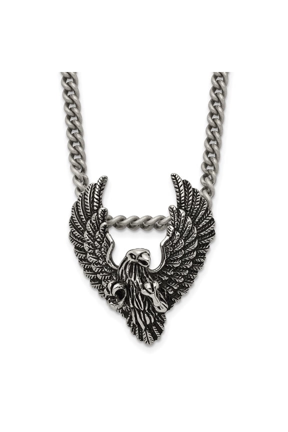 Stainless Steel Curb Themed Necklace Chain Chisel Antiqued and Polished Eagle Pendant on a 24 inch 34.25 mm