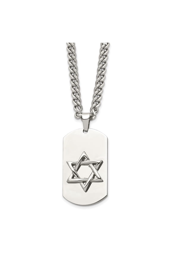 Stainless Steel Curb Themed Necklace Chain Chisel Polished Star of David Dog Tag on a 24 inch 25 mm