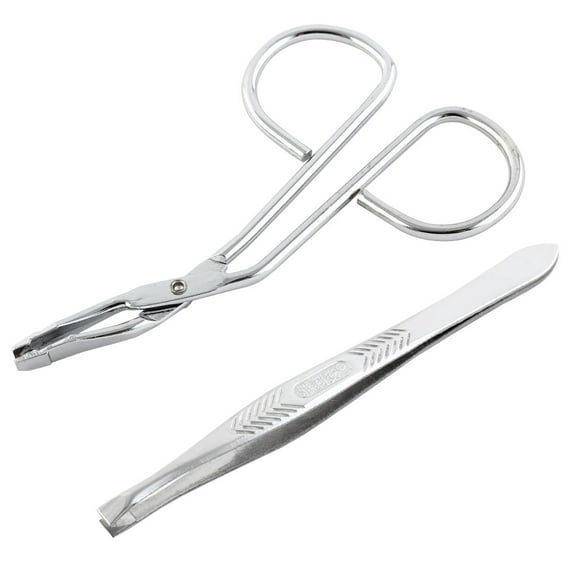 Stainless Steel Curved Flat Tip Eyebrow Tweezers Trimmer Makeup Tool Silver Tone