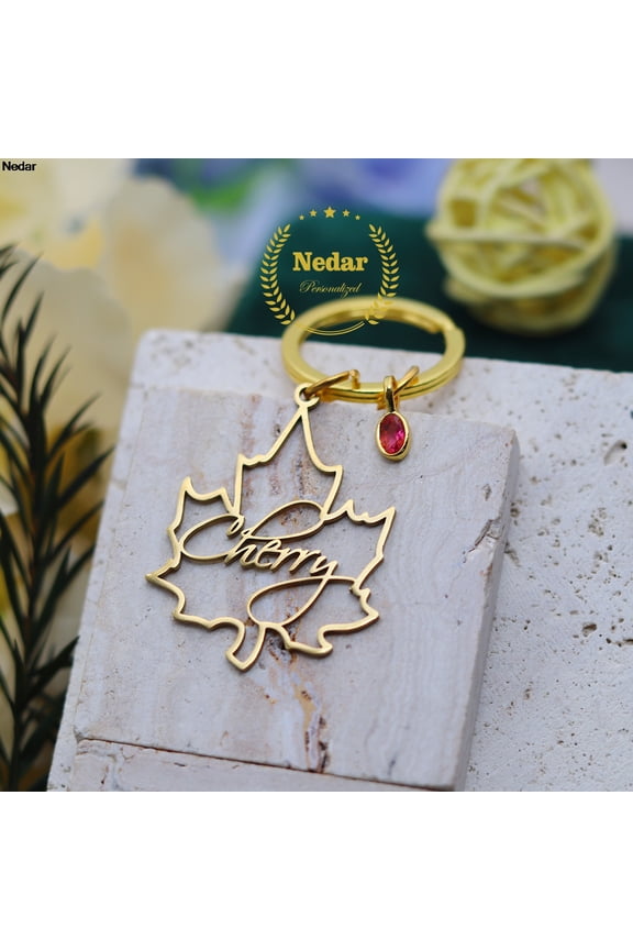Stainless Steel Custom Name Autumn Maple Leaf Keychain Customized Love Memory Birthstone Nameplate Keyring Birthday Gifts
