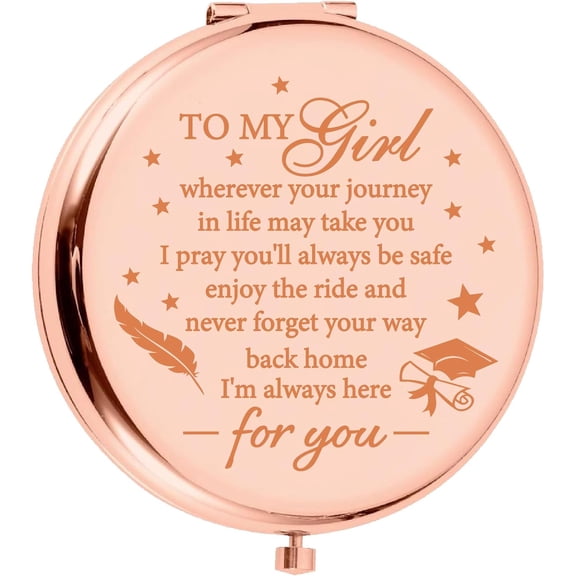 Stainless Steel Customization Mirror with Velvet Pouches Flat Round Rose Gold Feather 7x6.5cm