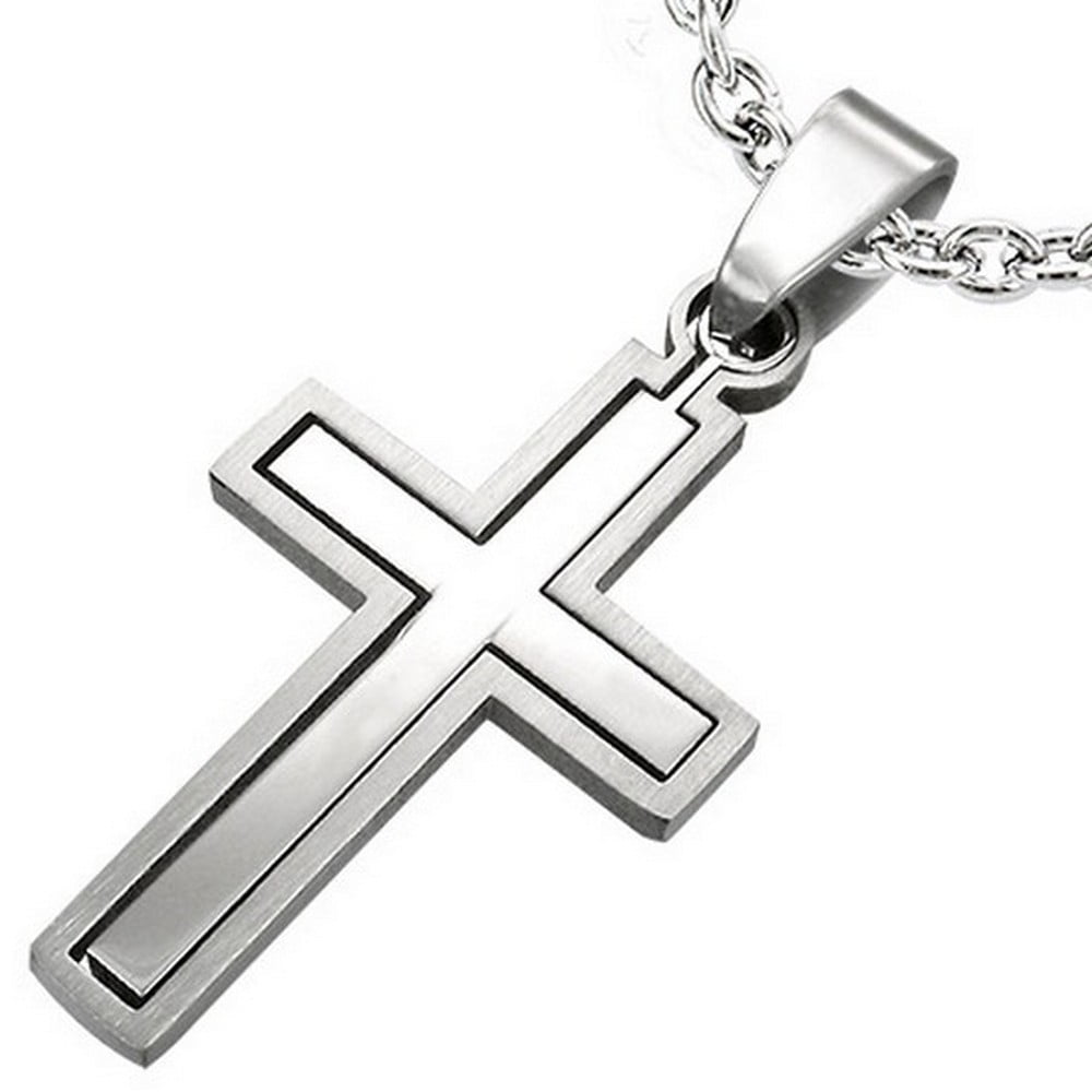 Stainless Steel Cut Out Double Cross Pendant Necklace, 21