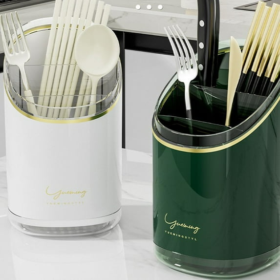 Stainless Steel Cutlery Organizer, Plastic Storage Bin with Drain Holes, 20x11.5x11.5cm Green White Utensil Holder for Drying & Odor Control, Breathable Design for Kitchen Counter & Dining