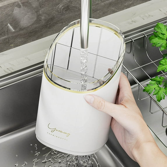 Stainless Steel Cutlery Organizer, Plastic Storage Bin with Drain Holes, 20x11.5x11.5cm Green White Utensil Holder for Drying & Odor Control, Breathable Design for Kitchen Counter & Dining