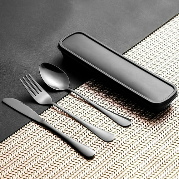 Stainless Steel Cutlery Set | 3-Piece Mirror Finished Knife Fork Spoon | Ergonomic Handle | Portable Durable Flatware | Black Color | Easy to Clean | 20×6×3cm