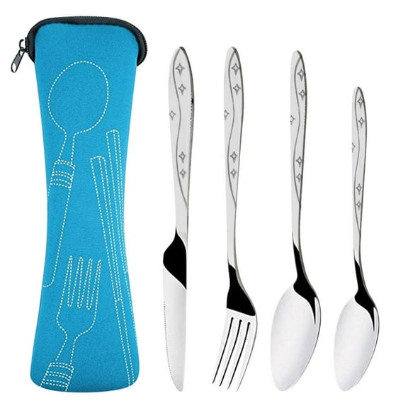 Stainless Steel Cutlery Set 4 Piece, QQZ Durable Rustproof Travel Flatware, Reusable Knife Fork Spoon with Case for Camping Picnic, Blue