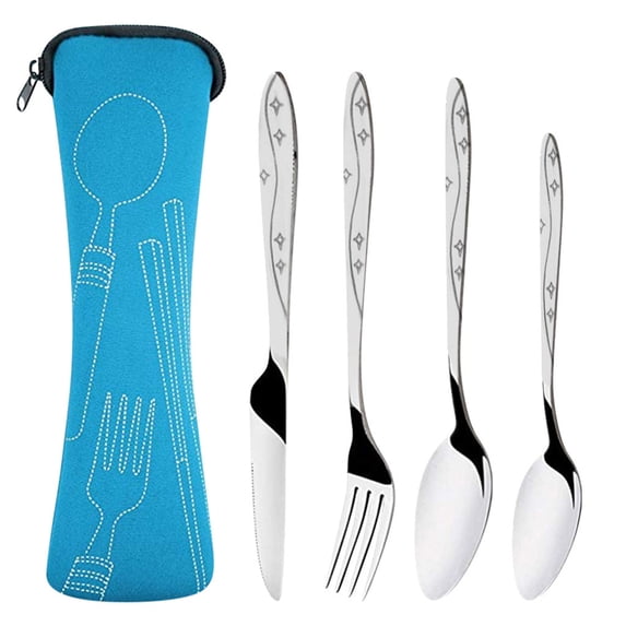 Stainless Steel Cutlery Set, 4-Piece Reusable Travel Flatware, Non-Slip Grip Camping Utensils with Case Easy Clean Dishwasher Safe, Blue