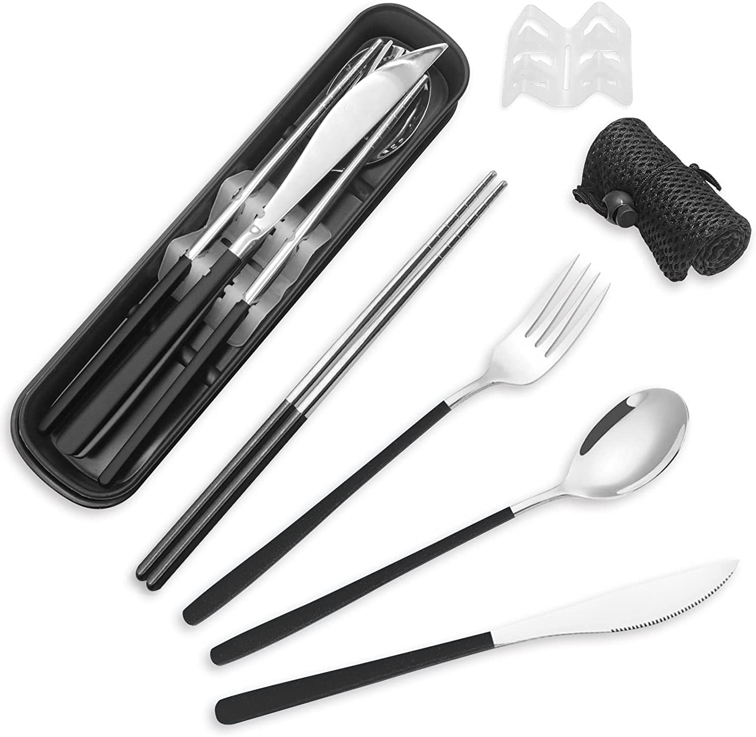 Stainless Steel Cutlery Set with Case, STONCEL Portable Travel Lunch  Utensils, Reusable Fork Spoon Knife Chopsticks Set for Office School Travel