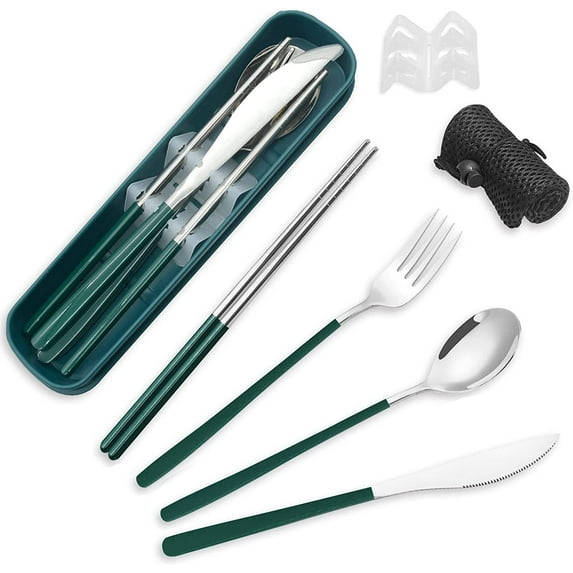 Stainless Steel Cutlery Set with Case, STONCEL Portable Travel Lunch Utensils, Reusable Fork Spoon Knife Chopsticks Set for Office School Travel Camping Picnic Adults Daily Use (Green, Silvery)