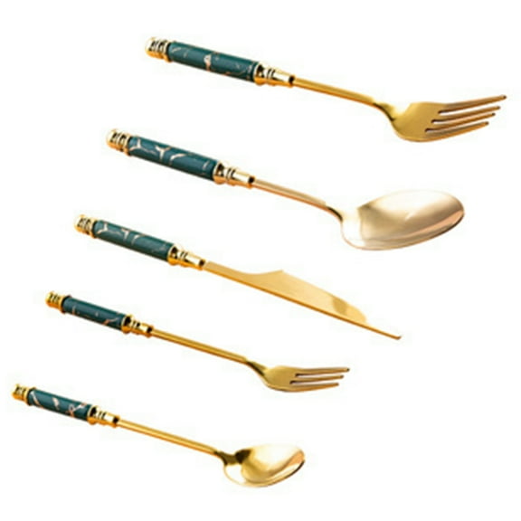 Stainless Steel Cutlery Set Marble Tableware Coffee Spoon Jade Fruit Fork Green + Gold