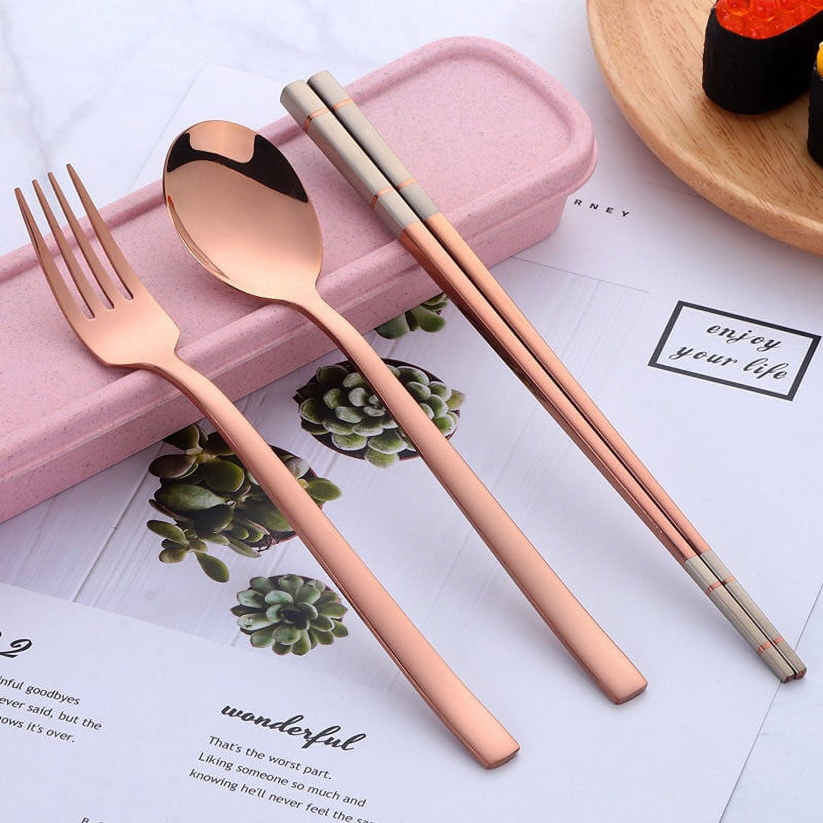 Stainless Steel Cutlery Set Spoon Fork Chopsticks with Wheat Box Travel Set