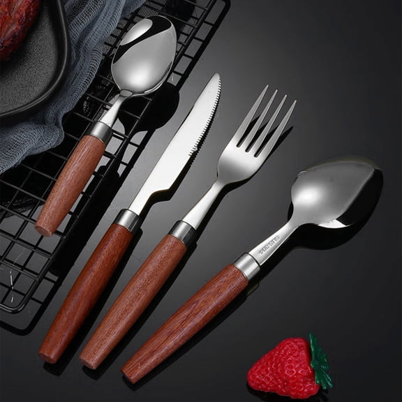 Stainless Steel Cutlery Set with Wood Grain Handle - Steak Knife Fork and Spoon - Ergonomic Imitation Wood Handle Flatware for Dining - Rust Resistant Utensils - 1 Piece
