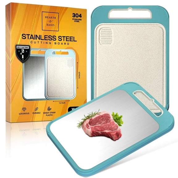 Stainless Steel Cutting Board, 14" x 11", 2 Sided with Wheat Straw Plate for Veggies & Fruits, No Cross-Contamination, Scratch Resistant