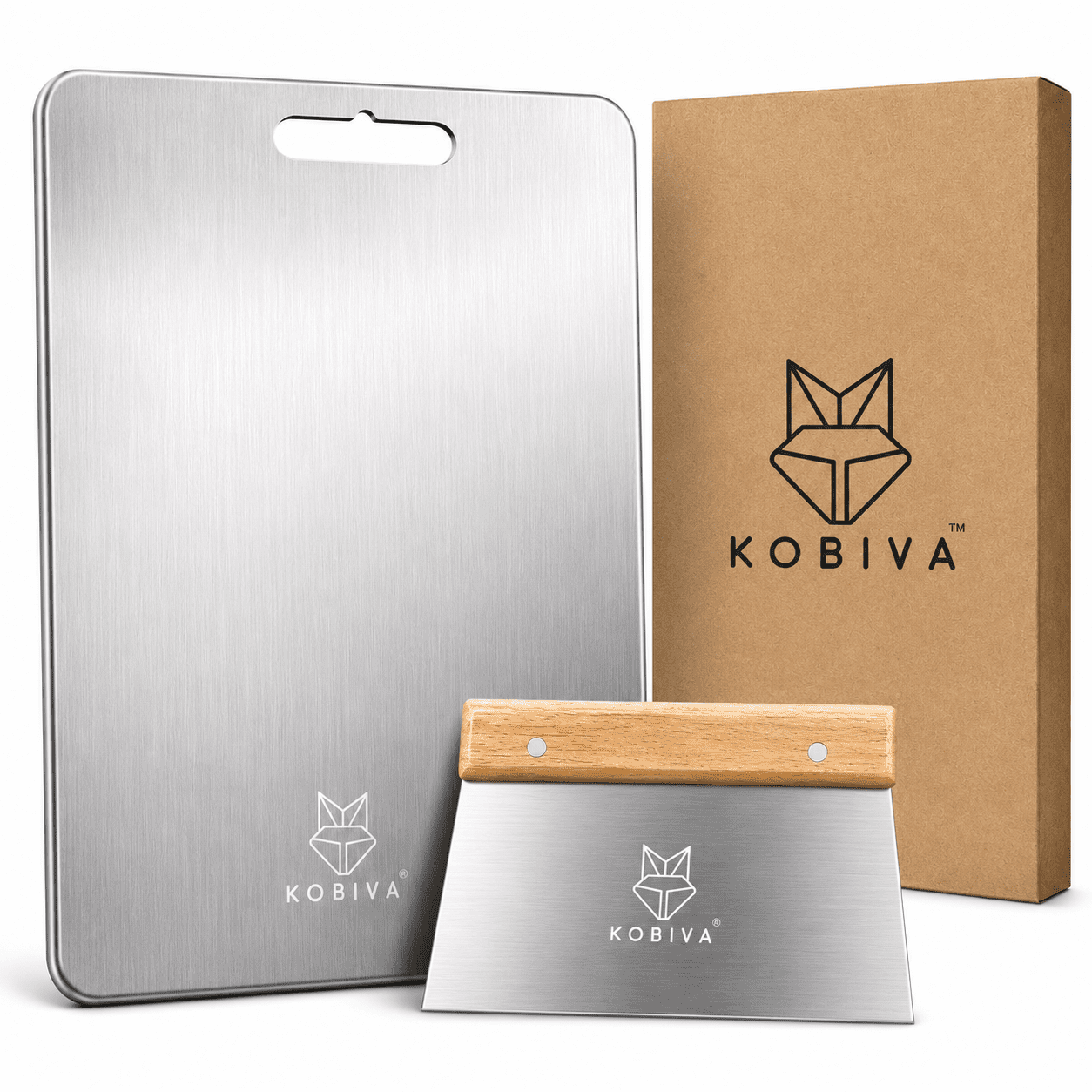 304 Stainless Steel Cutting Board with Bench Scraper & Wooden Handle | Food Grade, Large Metal Chopping Board, Dough Cutter, Dishwasher Safe | Kitchen Set for Meat, Bread, Vegetables & Pastry