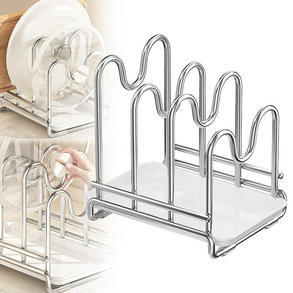Stainless Steel Cutting Board Holder Rack with Lid and Pan Organizer, Three-Compartment Kitchen Counter Drying Rack with Drip Tray for Pot Lid and Chopping Board Storage